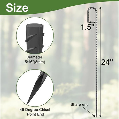 OK5STAR 24" Ground Rebar Stakes Heavy Duty J Hook Ground Anchors, 5/16 inch Curved Steel Tent Stakes Anti Rust Steel Ground Stakes for Chain Link Wire Fencing, Pack of 8, Black