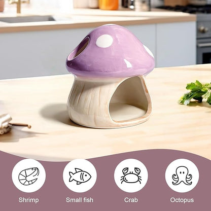 Betta Fish Tank Accessories, Ceramic Mushroom House Aquarium Decor - Cute Purple Hideout Cave Ornament for Small Fish, Shrimp, Goldfish, Hamsters & Reptiles (Purple)