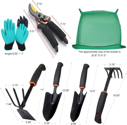 Premium 8-Piece Garden Tools Set – Heavy Duty Carbon Steel with Rust-Proof Coating, Ergonomic Handles, SK-5 Pruning Shears, Waterproof Repotting Mat & Storage Tote Bag – Ideal Gift for Gardeners