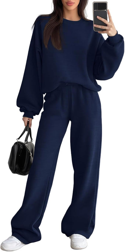 Sweetyweee Women's 2 Piece Outfits Set Fleece Lined Lounge Sweatsuit Crewneck Pullover Top Wide Leg Pants Casual Tracksuit