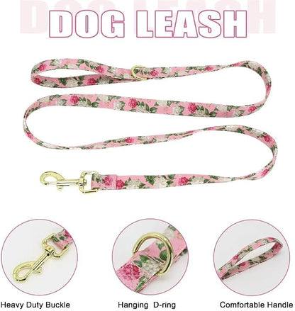Beirui Cute Dog Collars,Harnesses,Leashes Set, Floral Pattern, Pink,M | Girl Dog Harness Set with Flower, Adjustable and Soft Mesh Lining, For Medium Dogs Daily Walks