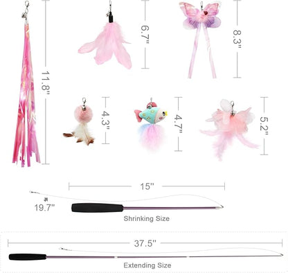 SONGWAY Cat Wand Toys for Indoor Cats - Cat Toy Set with Retractable Teaser Wand and 6 PCS Fairy Feather Toy Refills, Butterfly Tassel Plush Cat Toys Interactive, Pink