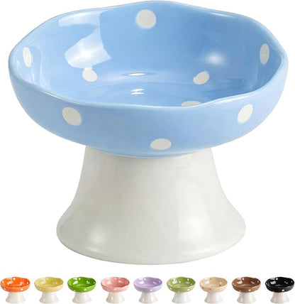 Blue Mushroom Cat Bowl, Elevated Ceramic Bowl for Cats | Cute Mushroom Design, Elevated, Ceramic, Whisker Friendly, Anti Vomiting