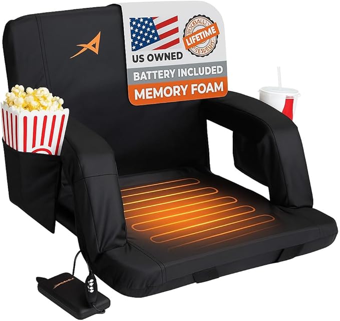 Heated Stadium Seats for Bleachers with Back Support – USB Battery Included - Upgraded 3 Levels of Heat - Foldable Chair - 4 Pockets and Cup Holder - for Camping Sports (20" inch Heat on seat)