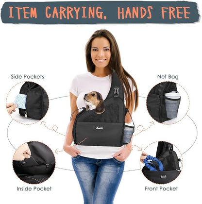 SlowTon Dog Sling Carrier, Hands Free Hard Bottom for Small Dogs up to 6 lb | Breathable Mesh Support, Adjustable Padded Strap, with Pocket Safety Belt, Machine Washable, for Short Legs Small Animal