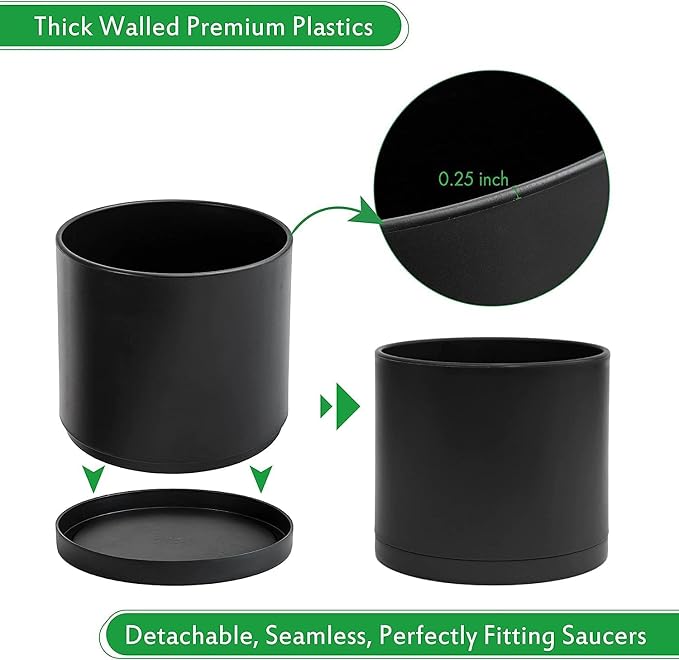 D'vine Dev 2 Pack 8 Inch Modern Plastic Plant Pots, Cylindrical Garden Planters for Plants with Drainage Holes and Saucers, Black, 74-Y-M-1