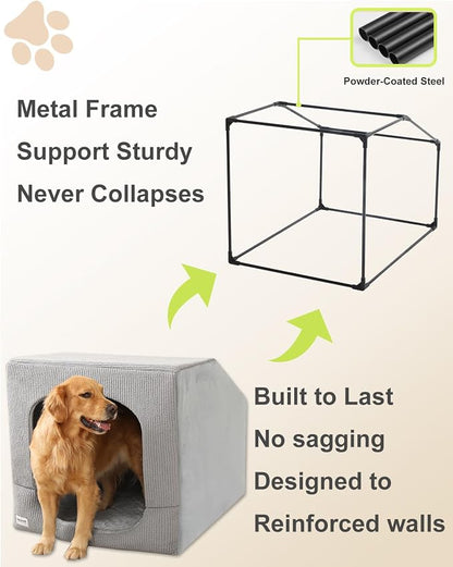 Hovicaed Indoor Dog House Extra Large Sized Dog Tent with Cave Bed 42x30ins | Enclosed Covered Dog Bed With Washable Removable Cover Pet Orthopedic Egg-Crate Foam Cushion Sturdy Frame Inside Dog House