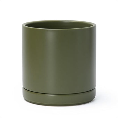 D'vine Dev 8.2 Inch Ceramic Planter Pot, Olive, 94-O-D-J | Modern Cylinder Design, Drainage Hole & Saucer Included, Stable Structure, Elegant Home Accent