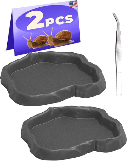 2Pcs Snail Food and Water Bowl, Reptile Water Dish and Food Bowl, Natural Design Terrarium Feeding Dish for Garden Snails, Hermit Crab, Lizard, Frog, Gecko (Black)
