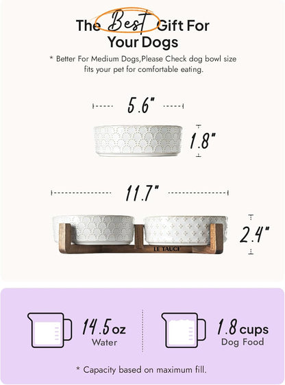 LE TAUCI Dog Bowl Set with Acacia Wood Stand - 1.5-Cup Ceramic Puppy Bowls for Small Dogs, Dual Food and Water Bowls with Weighted Non-Slip Base, Clover