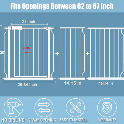 Extra Wide Long Baby Gates 62-67 Inch Stairs Doorways Pet Dog gate Indoor Outdoor Pressure Mount No Drill Walk Through Safety Child Gate