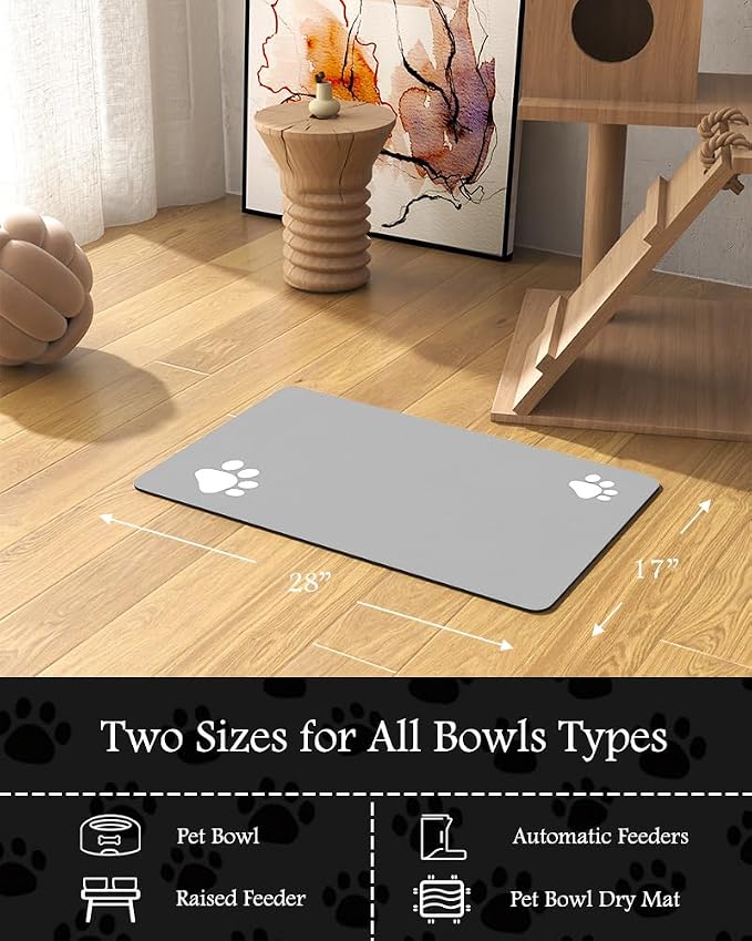 Pet Feeding Mat-Absorbent Dog Mat for Food and Water Bowl-No Stains Quick Dry Water Dispenser Mat-Dog Accessories Pet Supplies-Bowl for Messy Drinkers（LIGHTGREY,17"x28"