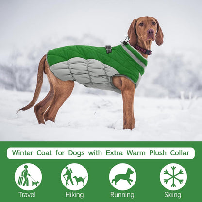 FUAMEY Dog Coat for Large Dogs,Waterproof Dog Winter Jacket with Harness Built in Puppy Cold Weather Coats Reflective Pet Vest with Zipper Warm Fleece Dogs Snowsuit Windproof Green L