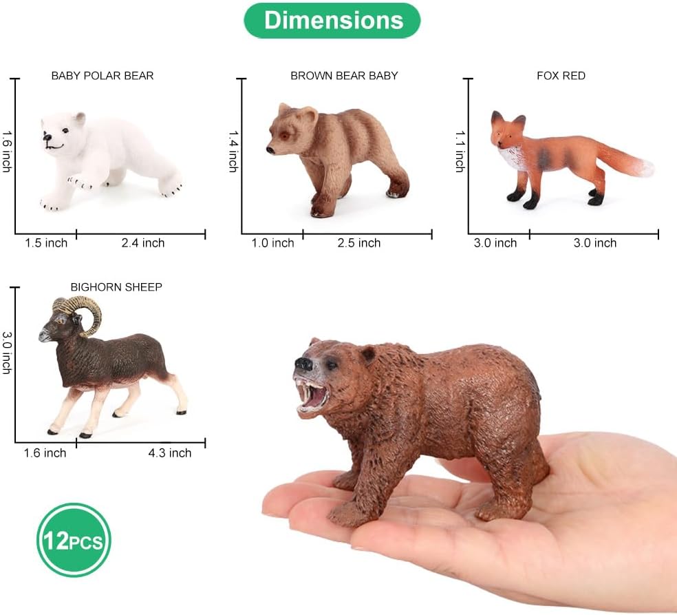 Volnau Safari Animal Figurines Toys 12PCS North America Figures Zoo Pack for Toddlers Kids Christmas Decoration Gift Preschool Educational Bald Eagle Bear Salmon Salamander Jungle Forest Cake Topper