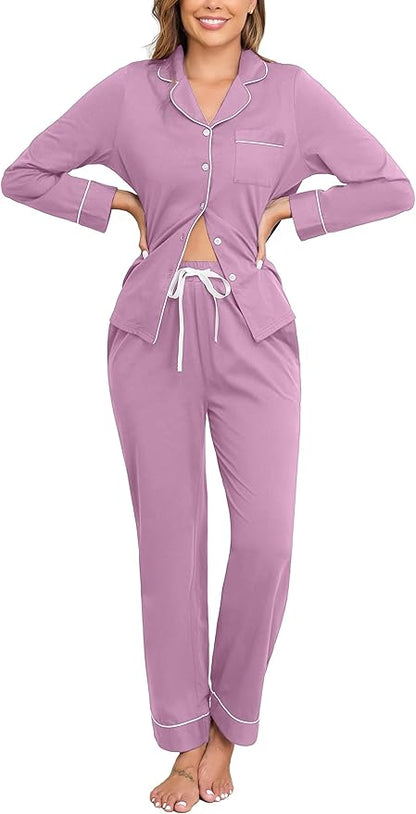Veseacky 100% Cotton Pajamas for Women Set Long Sleeve Button Down Sleepwear Soft Pjs Lounge Sets with Pockets XS-XXL