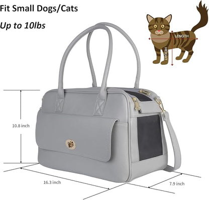 Fashion Pet Carrier Dog Purse Carrier Cat Soft-Sided Carriers for Puppy Kitten, Stylish Leather Handbag Tote Travel Pet Bag for Small Dogs Cats, TSA Airline Approved (Grey)