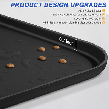 SMILOOL Waterproof Silicone Pet Food Mat with Raised Edge for Dog & Cat | 19" x 12" Non-Slip Pet Feeding Mats with Lip for Food & Water Bowl, Food Grade, Easy Cleaning, Black