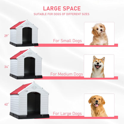 LEMBERI Durable Waterproof Plastic Dog House for Small to Large Sized Dogs, Indoor Outdoor Doghouse Puppy Shelter with Elevated Floor, Easy to Assemble (Red, 34''L*31''W*32''H)