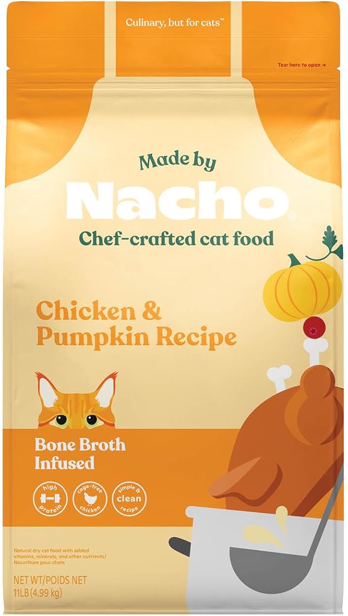 Made by Nacho Dry Cat Kibble 11lb Bag, High Protein and Grain-Friendly Premium Cat Food, Cage-Free Chicken & Pumpkin Recipe, Infused with Bone Broth for Hydration, Limited Ingredients, Single Bag