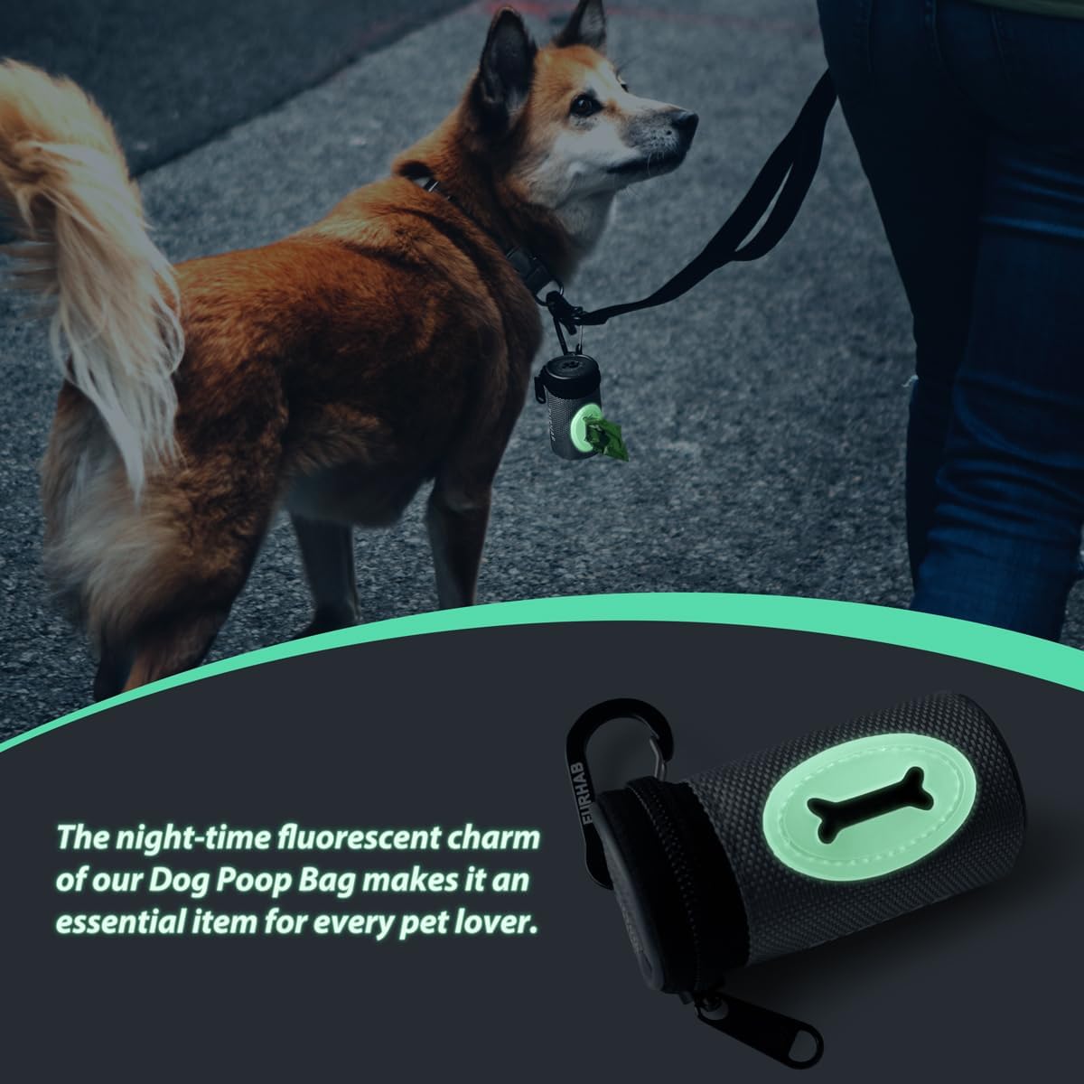 Glow Dog Poop Bag Holder for Leash Doggie Waste Bag Dispenser Puppy Potty Carrier Small Doggy Zipper Pouch with Carabiner Clip 1680D Nylon Oxford with 1 Roll of Pet Trash Bags, Silver