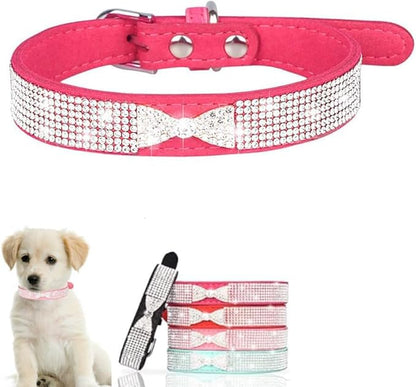 Serijoars Small Dog Collar with Rhinestone Crystal Diamond Colorful Bling Girl Puppy Cat Collars (L, Hot Pink3)