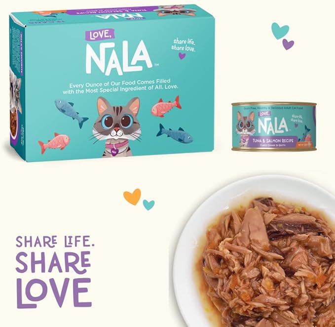 LOVE, NALA - Natural Adult Cat Wet Food - FLAKED Tuna and Salmon in Broth- Grain Free, Non-GMO, Lean Protein, Omega 3, Added Minerals & Vitamins - 12 Pack 2.4 lbs.