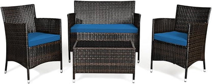 Goplus 4-Piece Rattan Patio Set, Outdoor/Indoor Wicker Conversation Set for Pool, Backyard, Lawn, Wicker Chairs and Sofa with Soft Cushion, Rattan Furniture with Tempered Glass Coffee Table