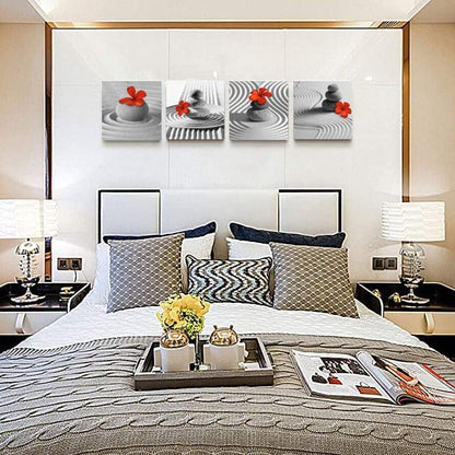 Yxbhhym Bathroom Decor Zen Decor Gray Wall Art Red Floral Wall Pictures Black and White Wall Art Flower Zen Stone Sand Pebble Canvas Print Artwork for Bedroom Living Room Home Wall Decoration