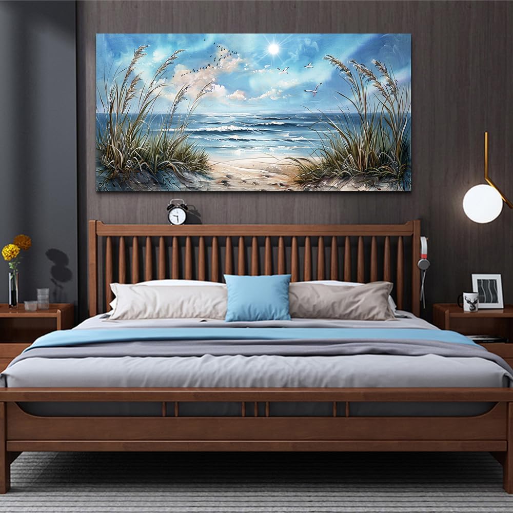 hyidecorart Large Wall Art For Living Room Wall Decor For Bedroom Sunshine Ocean Scenery Painting Blue Sea Waves Wall Pictures Office Modern Canvas Prints Artwork Aesthetic Home Decoration 48"X 24"