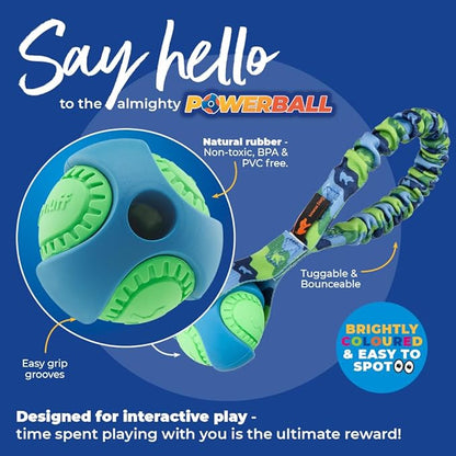 Tug-E-Nuff Pocket PowerBall Bungee | Shock Absorbing Bungee Handle | Durable Ball Toy for Dogs | Ideal for Interactive Dog Training and Dogs of All Ages | 23 cm (9 inches) in Size