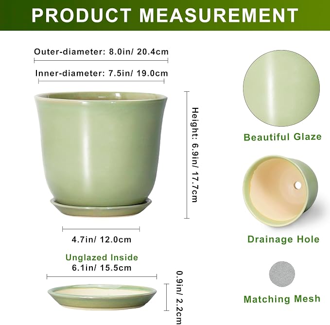 Ceramic Flower Pots - 8 Inch Plant Pot Drainage Hole and Saucer, Round Plant Pot with for Indoor Outdoor, Modern Planter, Decorative Planter, Home Porch Room Decor, Housewarming Gift, Green