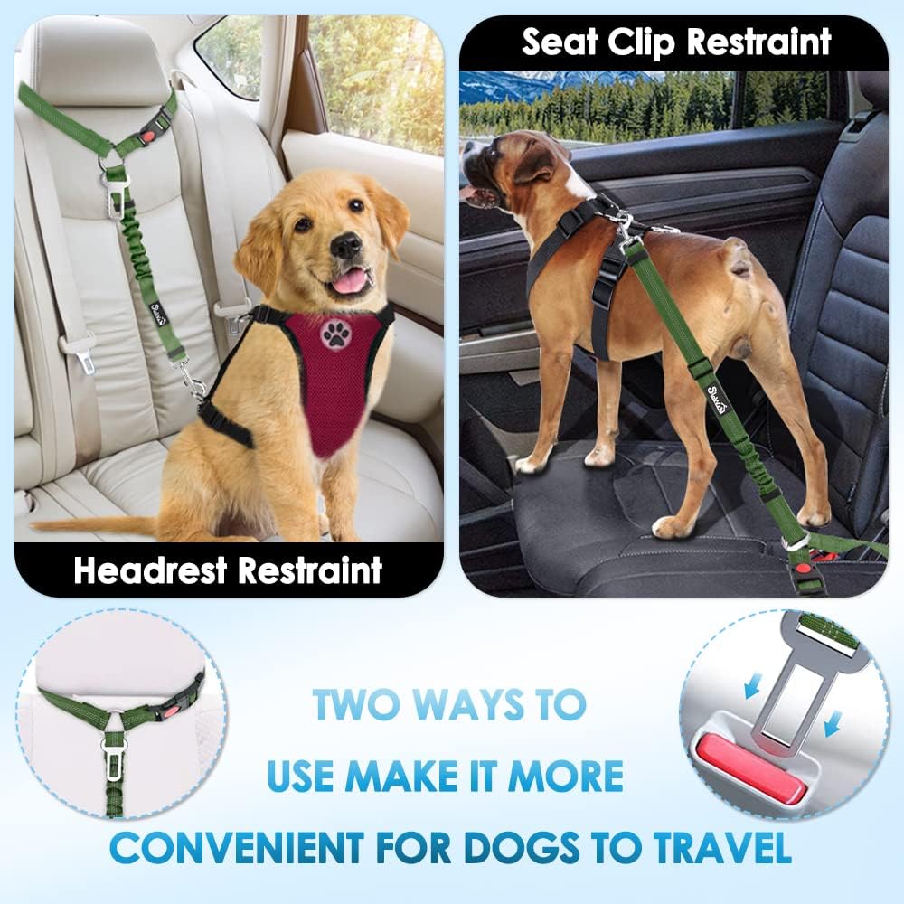 SlowTon Dog Seat Belt for Car, 2 Pack Dog Car Harness Seatbelt Adjustable with Elastic Bungee Buffer, 2 in 1 Pet Car Leash Headrest Restraint Dog Reflective Safety Tether (Green, Headrest+Clip)