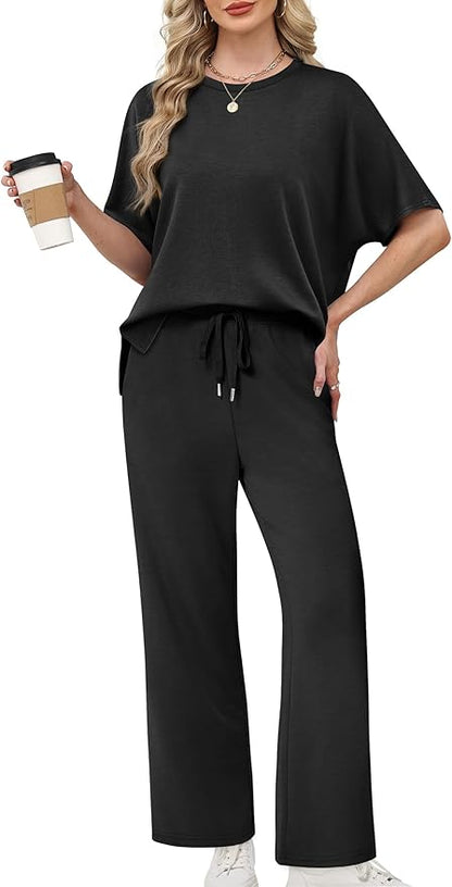 XIEERDUO Women's Side Slit Lounge Sets 2 Piece Travel Outfits Airport Tracksuit Oversized Wide Leg Loungewear S-3XL