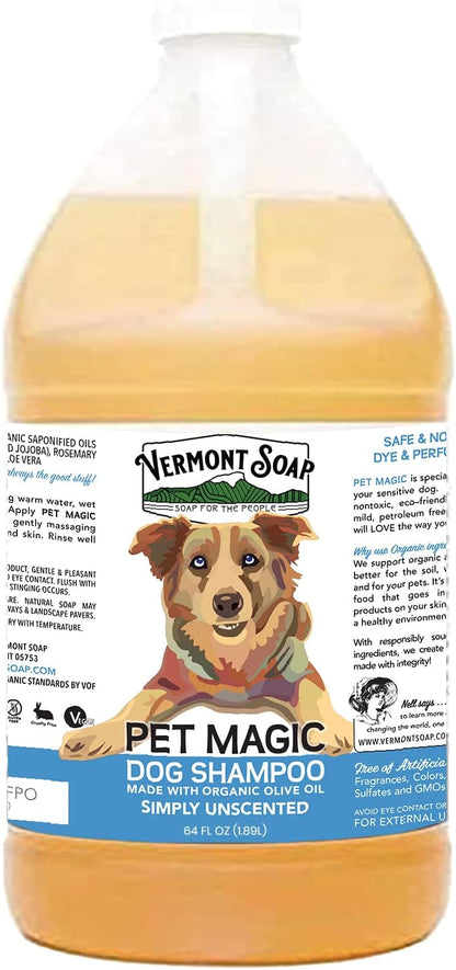 VERMONT SOAP Organics Pet Shampoo - Infused with Organic & Natural Olive Oil, Coconut & Aloe Vera Dog Shampoo for Sensitive Skin - USDA Certified Grooming, Unscented (64oz)