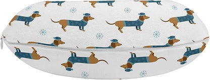 Ambesonne Dachshund Travel Pillow Neck Rest, Winter Cartoon Sausage Dog in Pullover and Snowflakes, Memory Foam Traveling Accessory for Airplane and Car, 12", Ginger Dark Turquoise