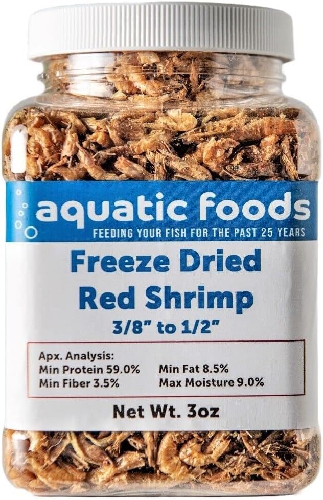 Aquatic Foods Inc. Red Shrimp - Freeze Dried 3/8" to 1/2" Red River Shrimp for All Tropical Fish, Marine Fish, Lg Cichlids, Koi & Pond Fish, Turtles, Reptiles, Rodents…3oz Small Jar