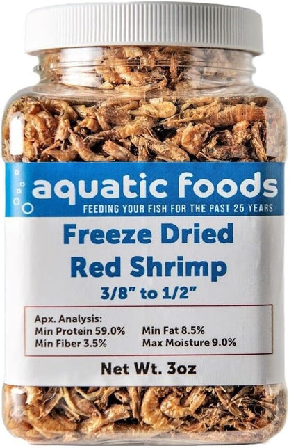 Aquatic Foods Inc. Red Shrimp - Freeze Dried 3/8" to 1/2" Red River Shrimp for All Tropical Fish, Marine Fish, Lg Cichlids, Koi & Pond Fish, Turtles, Reptiles, Rodents…3oz Small Jar