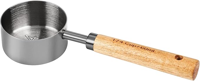 Measuring Cup with Wooden Handle, 1/4 Cup Titanium-plating 60 Ml Stainless Steel, Space Gray