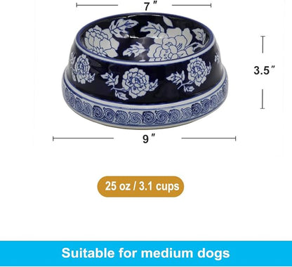 Aimusego Vintage Blue Ceramic Dog Bowls, Dog Food Feeding Dish for Medium Dogs Cats, Heavy Chinoiserie Porcelain Pet Bowl for Water,Durable & Easy to Clean-9inch