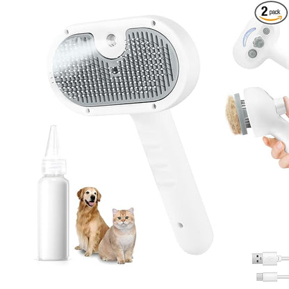Pet Steam Brush for Dog & Cat - 3-in-1 Steam Grooming Brush for Shedding & Hair Removal - Self Cleaning Spray Comb with Mist for Long Haired Pets, Grey