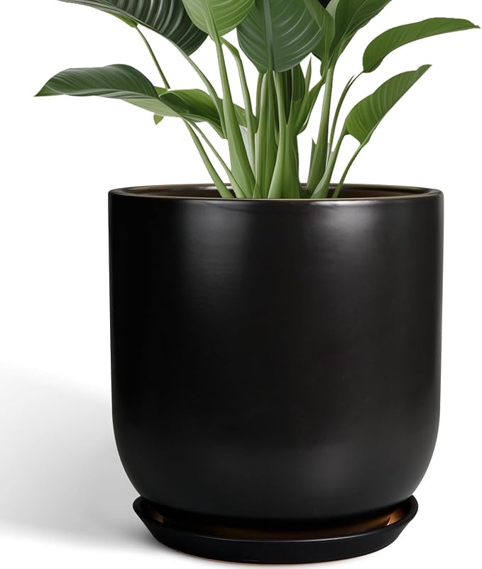 Ceramic Planter Pot - 12 Inch Large Plant Pot with Drainage Hole and Saucer Modern Flower Pot for Indoor Outdoor Plants Home Garden Decor Black