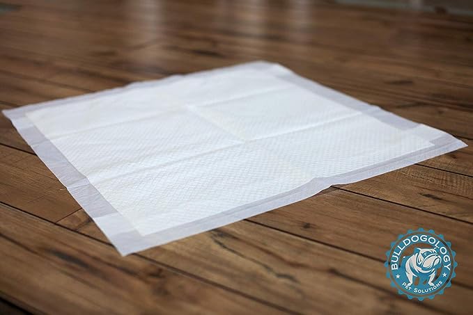 Bulldogology Puppy Training Pads - Pee Pads with Adhesive Sticky Tape (24x24) Large Dog Training Wee Pads with 6 Layer Extra Quick Dry Bullsorbent Polymer Tech (100-Count, White)