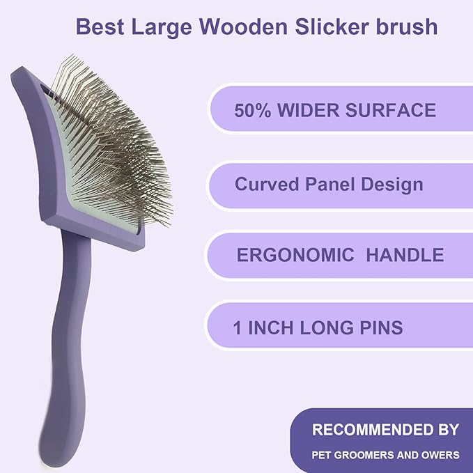 Slicker Ergonomic Wooden-Handle Long-Pin Brush for Poodles, Goldendoodles & Other Long-Haired Dogs (purple)