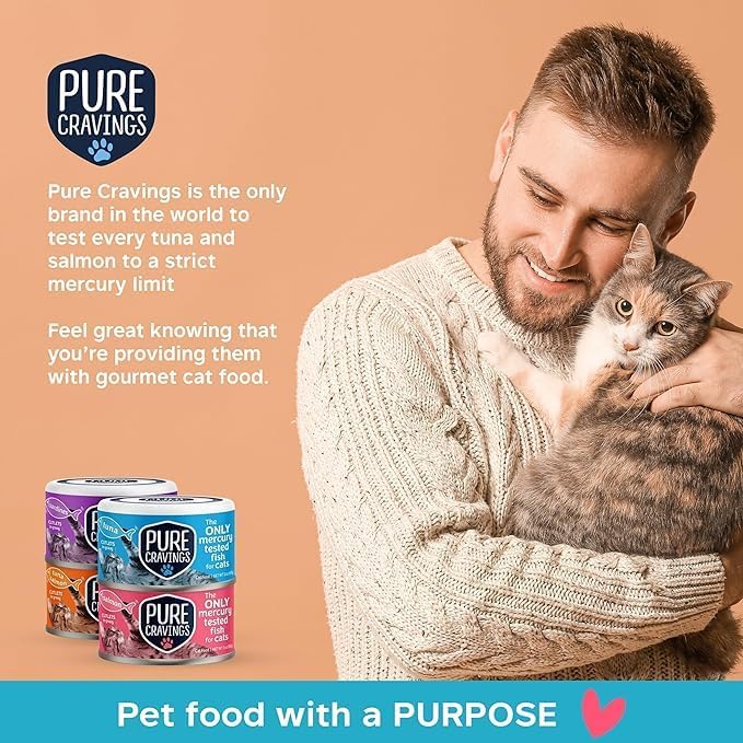 Pure Cravings Wet Cat Food Variety Pack Tuna, Salmon, Sardines, Tuna/Salmon in Gravy, 100% Mercury-Tested, Moist Can Fish for Cats, Grain-Free, Protein, Non-GMO, Pack of 12