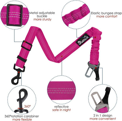 SlowTon Dog Seat Belt, Adjustable Dog Safety Belt Leash, 2 in 1 Latch Bar Attachment Dog Car Seatbelt with Elastic Nylon Bungee Buffer, Reflective Nylon Belt Tether (FU)