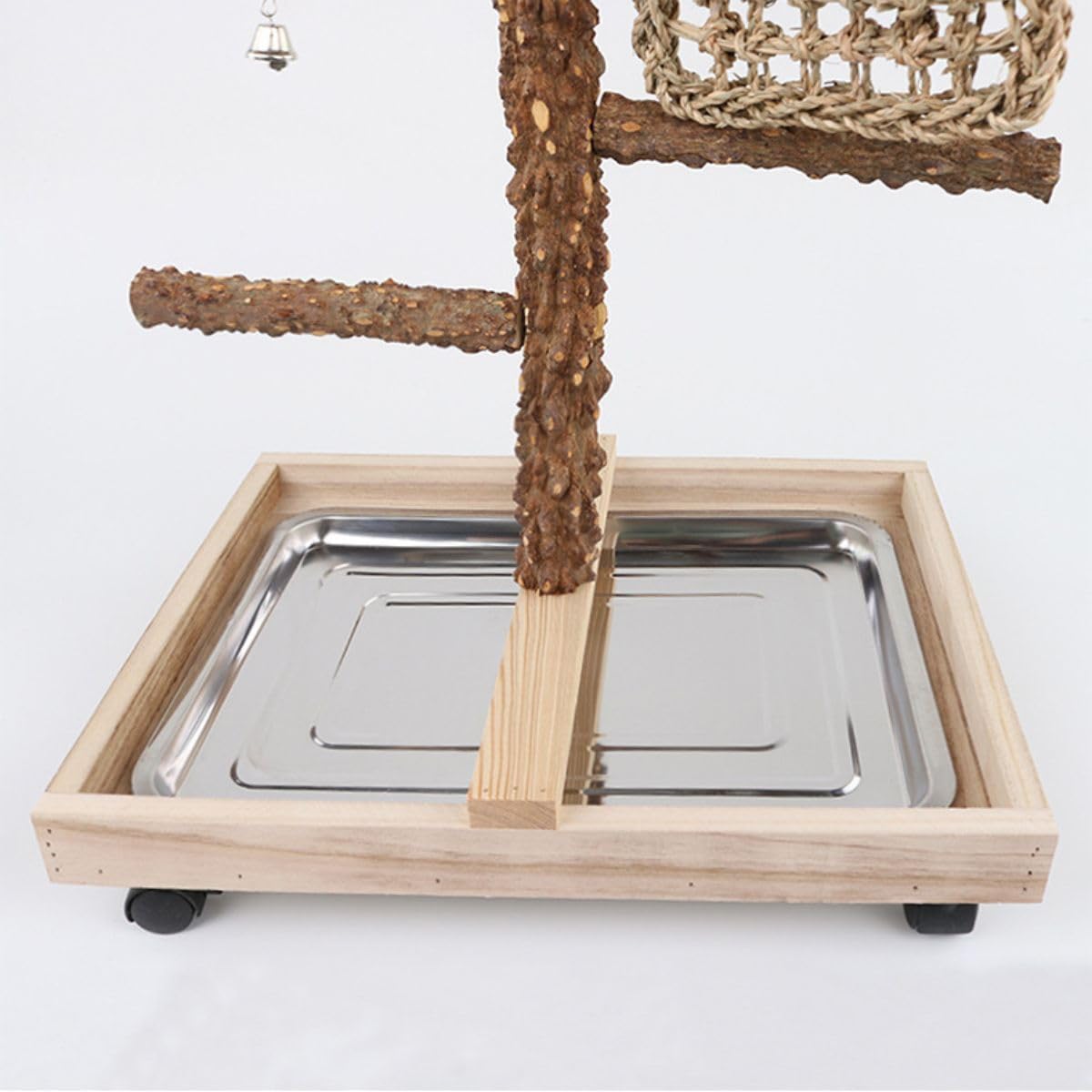 Natural Wood Parrot Stand - Ideal Toy & Accessory for Parakeets, Canaries, Cockatiels, Conure, Lovebirds - Bird Perch Stand with Removable Tray Climbing Net Chewing Toys- Perfect Pet Birds Playstand