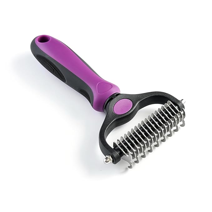 WePet Grooming Rake for Dogs & Cats, Double-Sided Deshedding Brush, Extra-Wide Dematting Tool, Slicker Comb for Undercoat & Loose Hair Removal, Reduces Shedding by 95%, Purple, Large