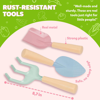 Floral Garden Kit Tools - Includes Sturdy Tote Bag, Watering Can, Gloves, Shovels, Rake, and Delightful Children's Book - Kids Garden Tool Set -Easter Gifts for Toddler Age on up