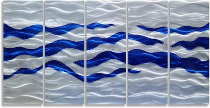 SYGALLERIER Abstract Coastal Metal Wall Art Handcrafted Big 3D Blue and Silver Artwork Modern Sea Waves Pictures Contemporary Sculpture for Living Room Bedroom Bathroom Decor
