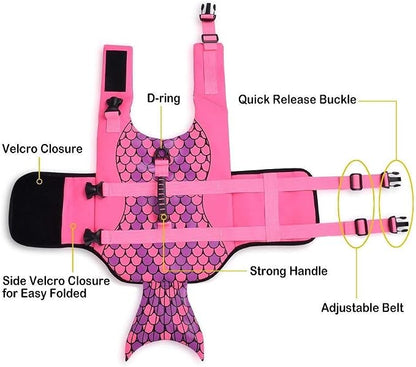 Dog Life Jacket Ripstop Shark Dog Safety Vest Adjustable Preserver with High Buoyancy and Durable Rescue Handle for Small,Medium,Large Dogs, Pink Fish XX-Large